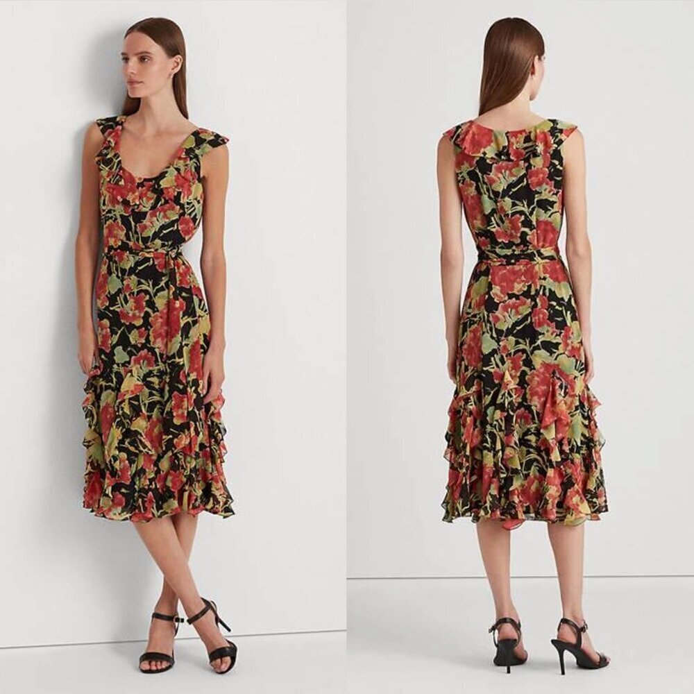 NWT New $245 Ralph Lauren Floral Crinkle Georgette Dress Size 12 Petite